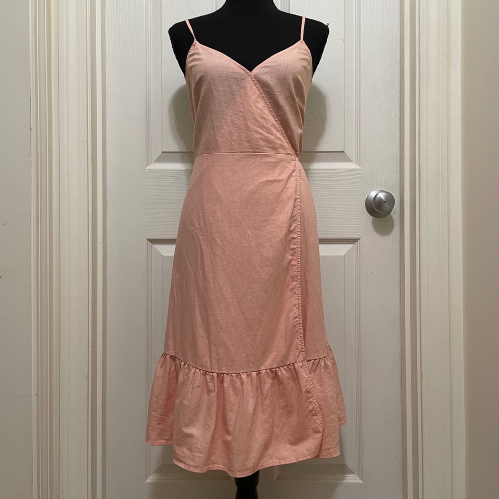 GAP‎ Ruffle Cami Wrap Dress Linen Blend Peach Cottage Minimalist Coastal XS